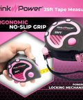 Pretty Pink 25 Foot Tape Measure For Women's Tool Kit with retractable blade and lock button in ergonomic grip design