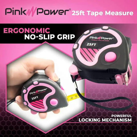 Pretty Pink 25 Foot Tape Measure For Women's Tool Kit with retractable blade and lock button in ergonomic grip design