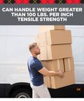 Man carrying stacked boxes sealed with Reinforced Strapping Tape 1.88 In Wide And 360 In Long Clear Heavy Duty Packing Tape.