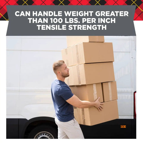 Man carrying stacked boxes sealed with Reinforced Strapping Tape 1.88 In Wide And 360 In Long Clear Heavy Duty Packing Tape.
