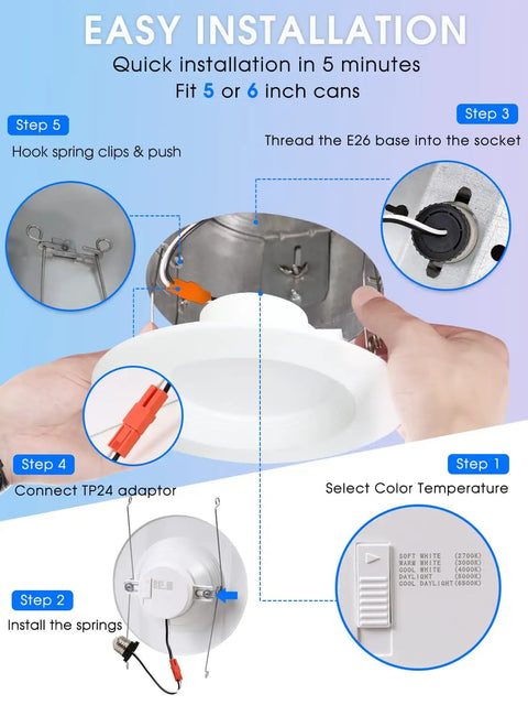 Six Pack Seamless Led Retrofit Can Lights 5 And 6 Inch 5Cct Adjustable Dimmable Downlights With Baffle Trim Real Deal Brightness Big Time Power Savers Ic Wet Safe Smooth Glow Up For Every Ceiling Project
