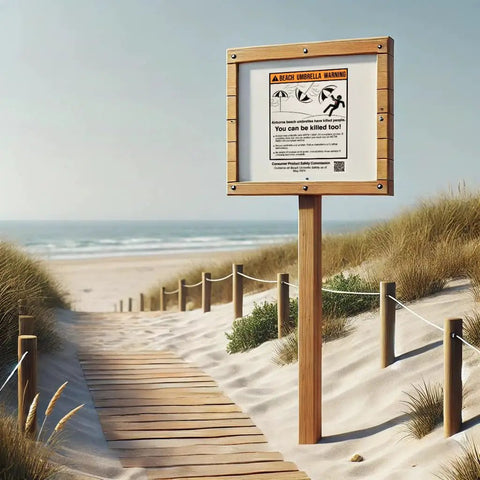 Wooden warning sign on beach boardwalk indicating Ultra Beach Umbrella Base For 7.5 Ft Umbrellas With 75 Lb Bottom Weight Heavy Duty Stability ASTM F3681 24 Compliant.