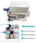 Built Like A Tank Horizontal Pneumatic Filling Machine With 80 Liter Heating Mixing Hopper and Stainless Steel Liquid Paste Filler Featuring clear pressure display and real-time monitoring.