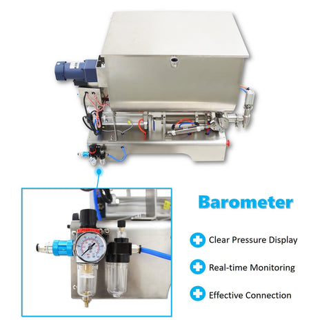 Built Like A Tank Horizontal Pneumatic Filling Machine With 80 Liter Heating Mixing Hopper and Stainless Steel Liquid Paste Filler Featuring clear pressure display and real-time monitoring.
