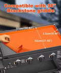 Rock Solid Thick Silicone Griddle Mat For Blackstone 36 Inch Cooktop shown on grill with dimensions labeled, durable and protective against rust.