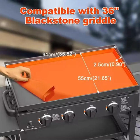 Rock Solid Thick Silicone Griddle Mat For Blackstone 36 Inch Cooktop shown on grill with dimensions labeled, durable and protective against rust.
