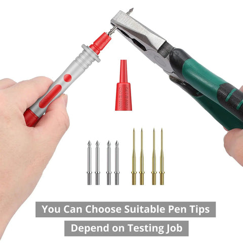 Hands using pliers with Electrical Multimeter Test Lead Kit 24Pcs With Test Extensions, Probes, Tips, Clips, and Plugs displayed.