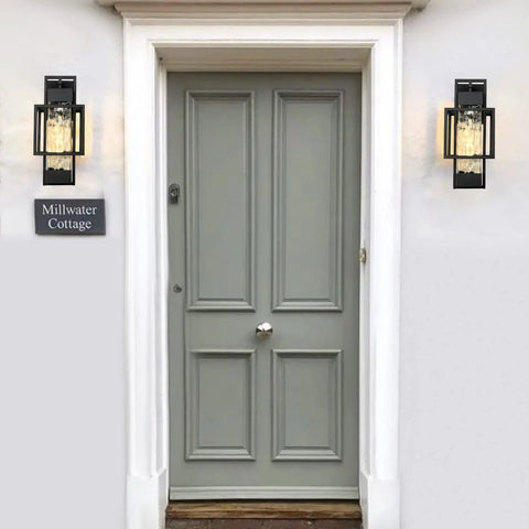 Modern Outdoor Wall Sconces 2 Pack With Dusk To Dawn Sensor Bubble Glass Waterproof Exterior Porch Lights by Millwater Cottage entrance.