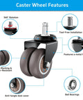 2 Inch Heavy Duty Office Chair Wheels Set Of 5 Gray Rubber Casters diagram showing features like 360° rotation and tool-free installation.