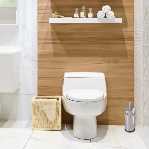 Image of a bathroom with a metal toilet plunger with holder no fuss hidden canister keeps your bathroom clean and clog-free compact storage