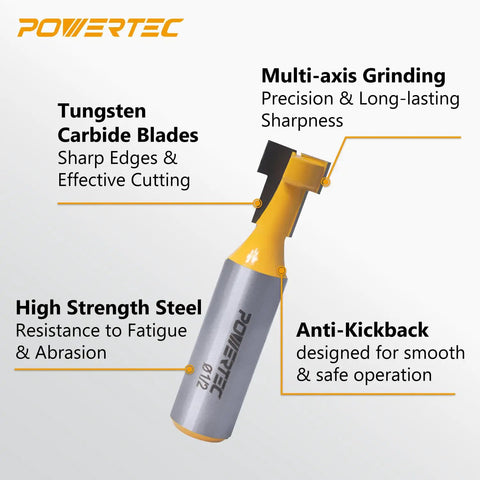 No Nonsense T Slot Router Bit For Slick T Track Cuts With Hella Durable Tungsten Carbide Tip showing tungsten carbide blades and high strength steel design.