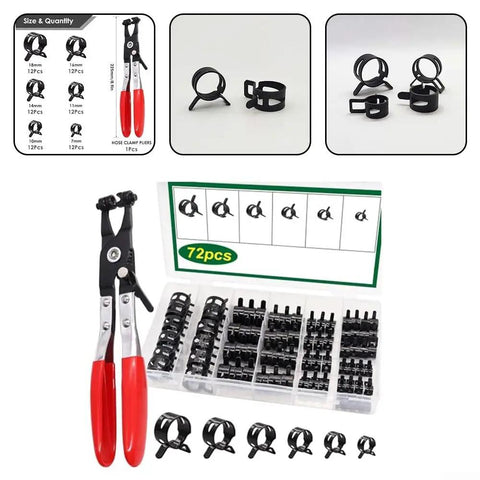 Ultimate 73-Piece Spring Hose Clamp Kit With Pro Pliers Made From Heavy Duty 65Mn Steel For Tough Automotive repairs plumbing fixes and sweet DIY home projects organized in sturdy storage box, 72pcs set