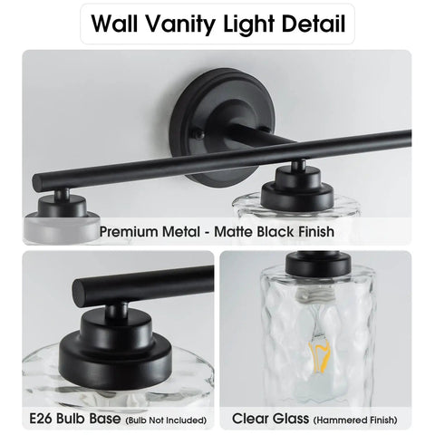 Go To Modern Matte Black Vanity Light Fixtures 24 Inch Three Light Hammered Glass Industrial Sconces metal detail view