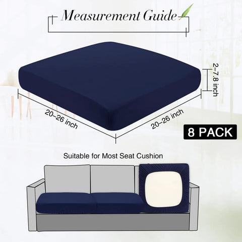 8 Pack Patio Cushion Covers Stretch Fit for Outdoor Cushions Navy Waterproof Soft Washable Slipcovers size guide and usage example