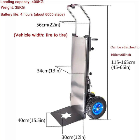 Heavy Duty Electric Stair Climbing Hand Truck With Massive 400kg Carrying Capacity And Super Smooth Brushless Motor Power dimensions and specifications.