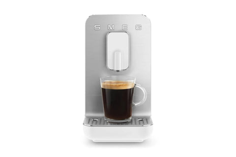 Real Deal Fully Automatic Espresso Machine With Durable Steel Burr Grinder For Bold Whole Bean Coffee And No Fuss Brewing In Sleek Matte White Kitchen Essentials with a cup of coffee.