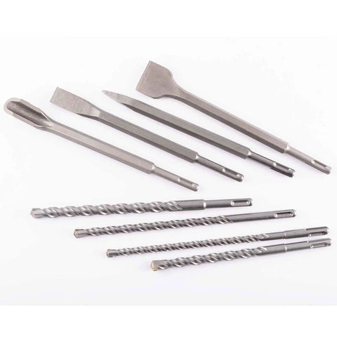17 Piece SDS Plus Rotary Hammer Drill Bits And Chisels Set For Concrete Masonry With YG8 Carbide Tips on white background