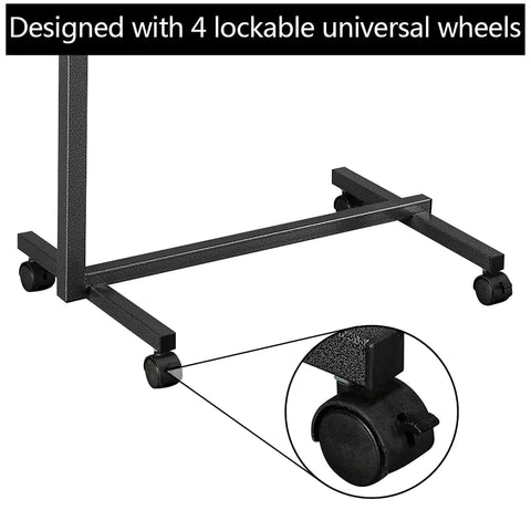 Smooth Rollin Mobile Adjustable Height Portable Computer Desk With Lockable Casters For Top Tier Home Office Standing Laptop Workstation Dark Wood Finish with 4 lockable wheels.