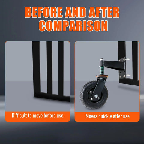 Before and after comparison of 8 Inch Heavy Duty Gate Wheels For Fences And Metal Tube Gates showing improved movement.