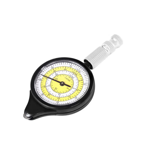 Map Measurer Metal Wheel Outdoor Navigation Tool for Camping Hiking Cycling showing a round gauge with a yellow scale.