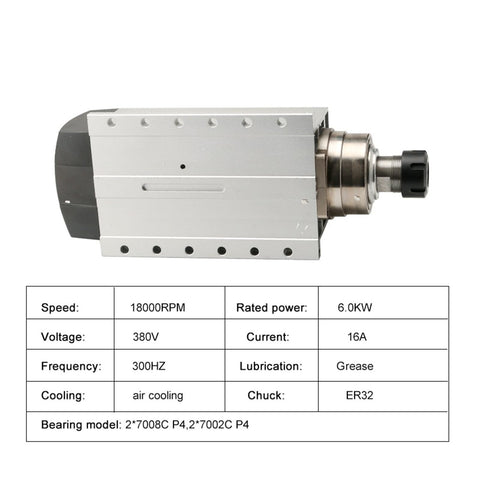 6.0kW CNC Spindle Motor With ER32 Quick Change System, Heavy Duty Ceramic Ball Bearings, High Speed Air Cooled Design, A Legit Powerhouse Beast For Wood Metal Engraving, side view showing air cooling features.