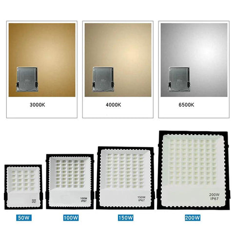 Various JUDYSSY 200W Led Floodlight models displayed by color temperatures 3000K, 4000K, and 6500K for outdoor use.