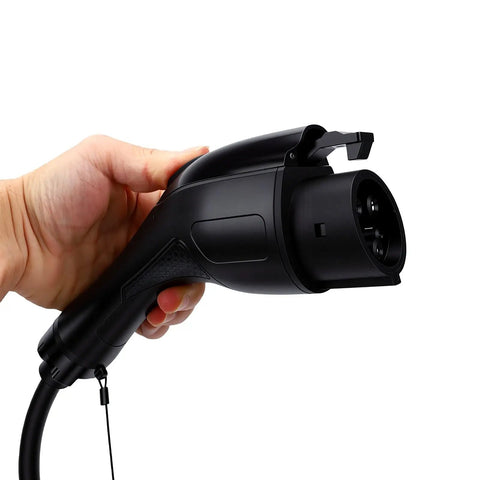 Plug And Play J1772 Level 1 Portable EV Charger Adjustable 6 To 16 Amps Weatherproof Electric Vehicle Plug Cord held in hand.