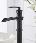 Dope Matte Black Vessel Sink Faucet With Waterfall Flow, Tall Single Hole Bathroom Vanity Mixer Tap ideal for vessel sinks