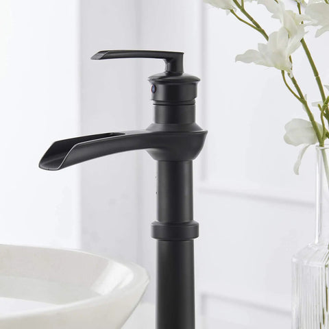 Dope Matte Black Vessel Sink Faucet With Waterfall Flow, Tall Single Hole Bathroom Vanity Mixer Tap ideal for vessel sinks