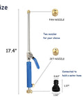 Diagram of Jet Nozzle Pressure Washer Hose Attachment showing size, blue handle, dual nozzles for garden, gutter, window, car cleaning.