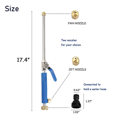 Diagram of Jet Nozzle Pressure Washer Hose Attachment showing size, blue handle, dual nozzles for garden, gutter, window, car cleaning.