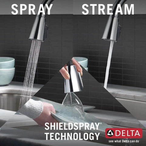 Lenta Chrome Kitchen Faucet With Pull Down Sprayer in use, showcasing spray, stream, and ShieldSpray technology features.