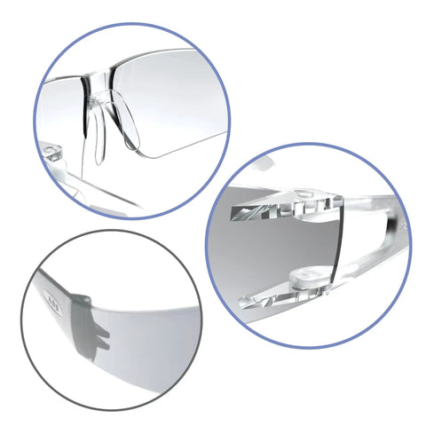 Detailed view of Heavy Duty Safety Glasses With Straight Up UV Block And Blue Cut For Any Desk Grind Or Backyard Hustle Comfortable Grip Design Gray Frames Clear Lenses.