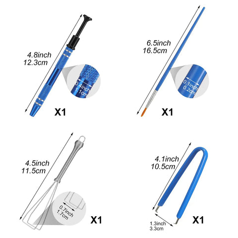 12 Pack Keyboard Lube Switch Puller Kits With Key Cap Remover Tools For Mechanical Keyboards, IC Chip Puller, Wire Shaft Puller, U Clip, DIY Drawing Pen, Cleaning Brush And Dustpan, Easy Removal And Cleaning components displayed with sizes.