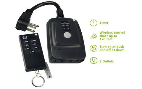Super Tough Weatherproof Remote Outlet Power Strip With 100 Foot Wireless Range Dual Sockets Plug In Timer display with remote controller.