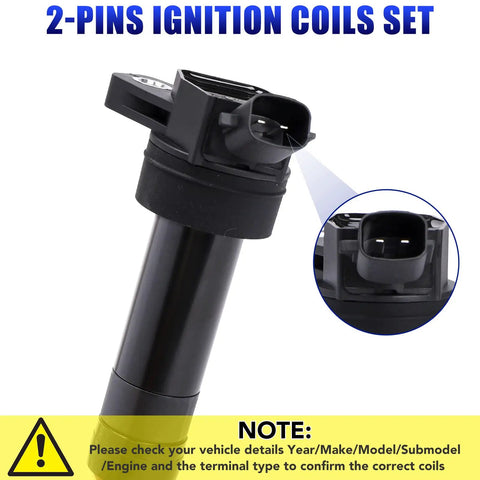 Close-up of 2-pin ignition coil from Ignition Coil Pack And Spark Plug Set For 2012 2013 2014 2015 2016 Hyundai Elantra Tucson Kia Soul Forte 2.0L And 1.8L L4 Replaces UF651 C1804 Plug And Play Easy Install No Fuss Durability For Reliable Starts