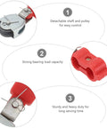 Close-up of detachable steel pulley with red semi plastic sheave for the Five Piece Heavy Duty Steel Wire Rope Pulley Bundle.