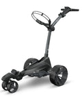 Top Tier Remote Control Electric Golf Push Cart With A Slick Automotive Design And Rock Solid Adjustable Speeds Featuring A Wide Digital Display For A No Sweat Round On The Course Daily, showing sleek black design and large wheels.