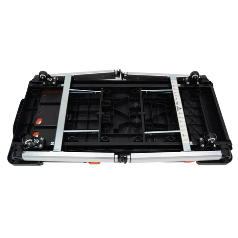 Heavy Duty Foldable Workbench With Smooth Caster Wheels Transforms Into Seven Flexible Workshop Modes view from underside with hardware rack.