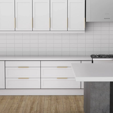 Champagne Gold Finger Edge Pulls Set Of 10 For Drawers And Cabinets installed in modern kitchen with white cabinets and wood floor