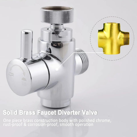 Brass Diverter Valve With Aerator And 3 Way Splitter, Male Thread Adapter, 360 Swivel Faucet Connector in chrome finish