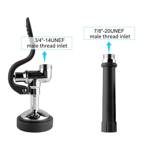 Pre Rinse Sprayer for Commercial Sinks With High Pressure Spray Valve Chrome Finish And Black Handle, showing thread inlets