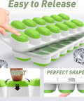 Top-Shelf Silicone Ice Cube Trays 4 Pack With Tight-Fitting Lids Easy-Peel Design showing easy-release feature and ice cubes.