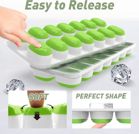 Top-Shelf Silicone Ice Cube Trays 4 Pack With Tight-Fitting Lids Easy-Peel Design showing easy-release feature and ice cubes.