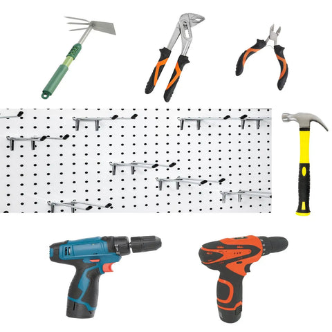 Badass Double Pegboard Hooks 15 Piece Set Crafted From Hella Tough Steel With Cushioned Rubber Tips holding various tools on pegboard.