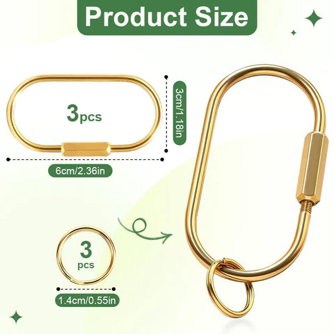 Six Pack Gold Brass Carabiner Key Rings With Screw Lock And Keychain Clips D Ring Sets For Keys Bags And Everyday Carry Durable Bulk Key Chain Organizer For Men And Women showing size and dimensions