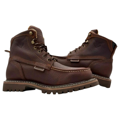 6-Inch Moc Toe Work Boots for Men in Ocre Brown Full Grain Leather, Oil Resistant and Slip-Resistant Traction Boots with Soft Toe
