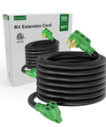 Heavy Duty 50 Amp RV Extension Cord 50 Feet, Nema 14-50p To 14-50r Plug, rolled up with packaging, ideal for camper power needs.