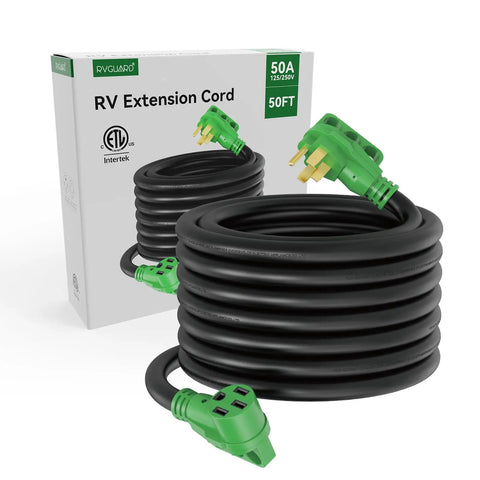 Heavy Duty 50 Amp RV Extension Cord 50 Feet, Nema 14-50p To 14-50r Plug, rolled up with packaging, ideal for camper power needs.