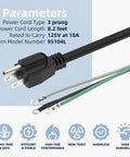 Heavy Duty Rock Solid Replacement Power Cord For Skil SPT77W SPT78W SPT55 Worm Drive Circular Saw showing 3 prong plug and wire details.